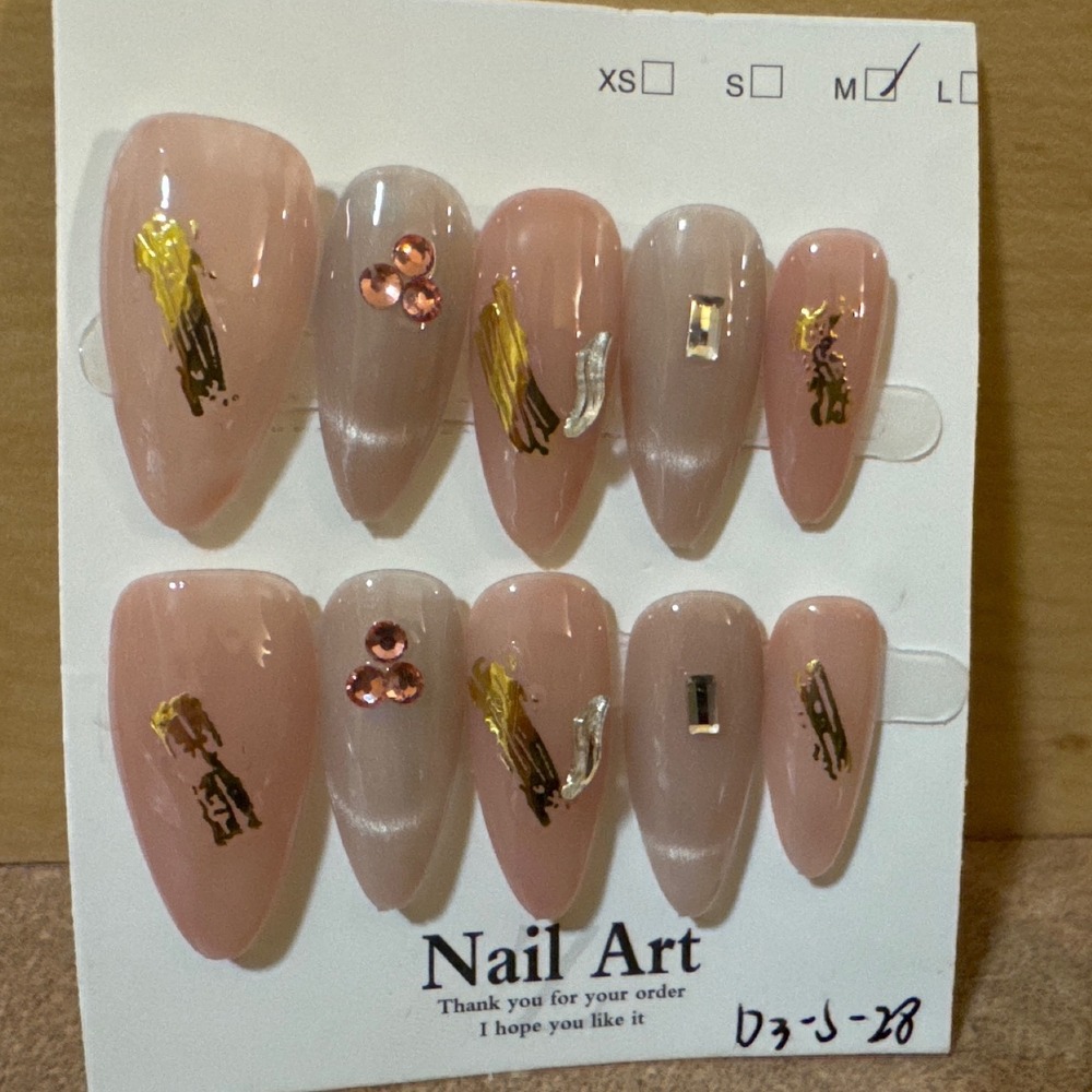 Press On Nails Medium Almond Pink Taupe Gold Foil Rhinestone Set 10pc